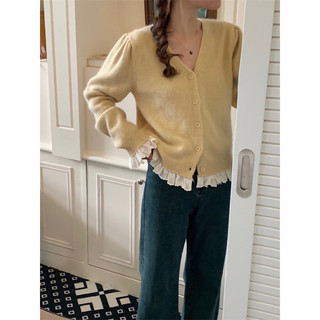 Áo cardigan len viền ren