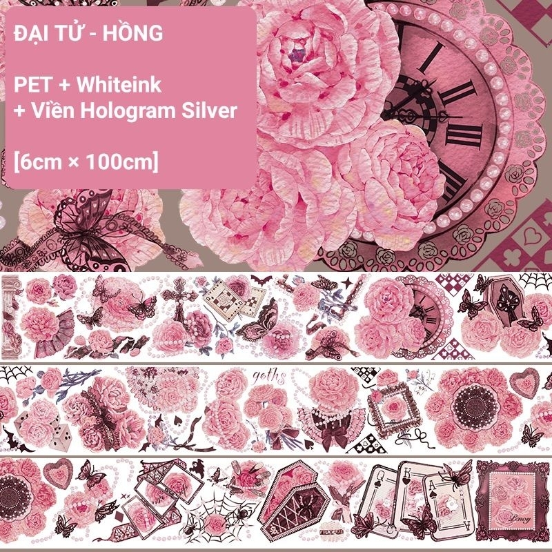 (Chiết chu kì) băng dính PET nền trong [Đại tử - Hồng] washi hình dán sticker hoa lá cổ điển vintage