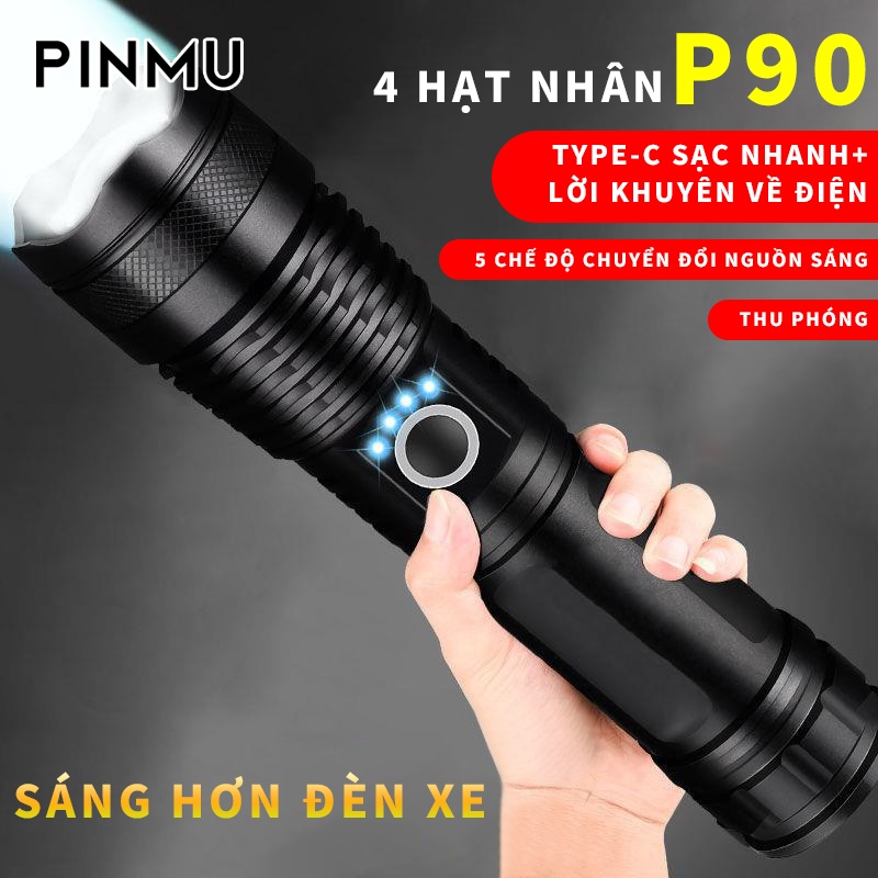 đèn pin LED PINMU Đèn siêu sáng mini 5 chế độ chiếu sáng có Zoom xa gần chống nước IPX4