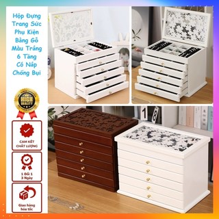 Hộp Kệ Để Trang Sức - Phụ Kiện Nữ Trang 6 Tầng Bằng Gỗ Có Nắp Chống Bụi Họa Tiết Hoa Sang Trọng Cao Cấp