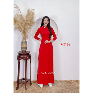 Áo dài lụa mỹ đính cúc + ngọc cổ cao cấp - mã mt 04
