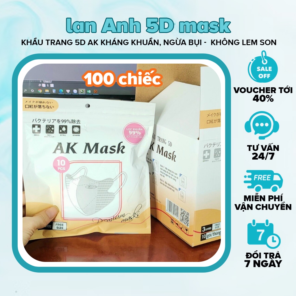 Khẩu Trang 5D AK Kháng Khuẩn - Khẩu Trang Phạm Thoại Chống Tia UV. Thùng 100 chiếc Lan Anh 5D Mask