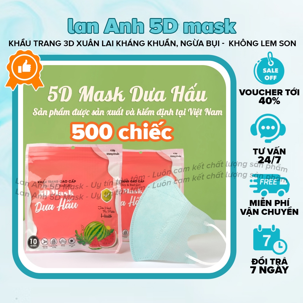 500C Khẩu Trang 5D Dưa Hấu 3 Lớp Kháng Khuẩn, Khẩu Trang Anh Tâm,Chống Bụi Mịn.Khẩu Trang Chống Tia UV Lan Anh 5D Mask
