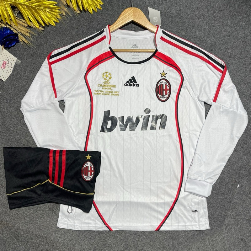 Áo Bóng Đá, Quần Áo Đá Banh CLB AC Milan Trắng Sân Khách Dài Tay Phong Cách Retro 2007 - Vải Polyester Gai Thái Cao Cấp