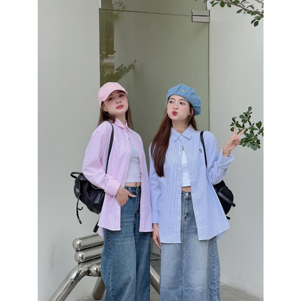 Áo kiểu nữ sơ mi họa thiết sọc kẻ thêu chữ S chất cotton 2 màu xinh Hàn Quốc Kozoda SM215