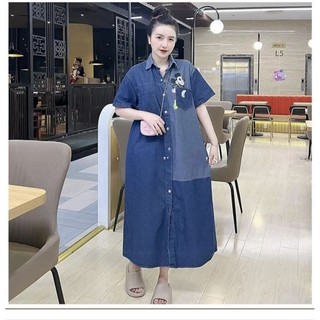 Đầm bầu jean dáng suông dài | váy bầu bò cổ sơ mi dáng dài vintage cao cấp
