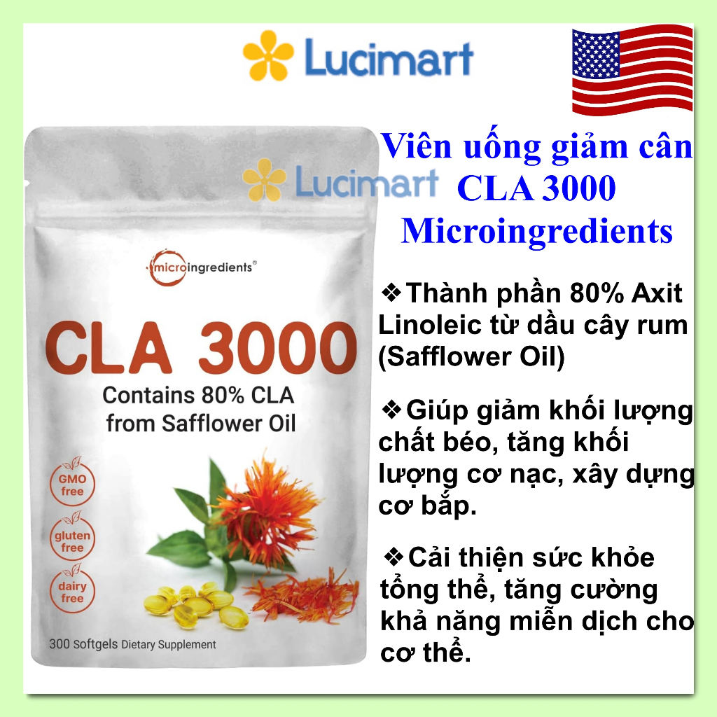 Viên uống giảm cân CLA 3000 Microingredients túi 300 viên [Hàng Mỹ]