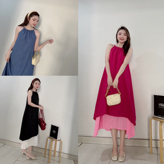 Ảnh tự chụp đầm maxi suông cổ yếm 2 tầng