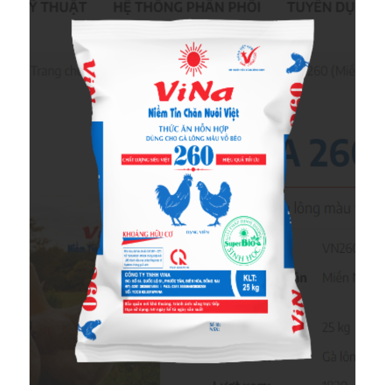 Cám Vina 260 dành cho gà lông màu, gà trưởng thành, gà vỗ béo