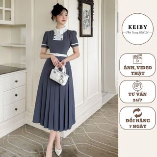 Váy công sở cổ đức dáng dài KEIBY váy liền xếp ly xòe thanh lịch SET05