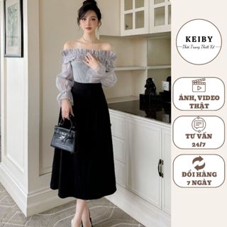 Set áo trễ vai tay bồng kèm chân váy xòe xếp ly dáng dài KEIBY thanh lịch SET07