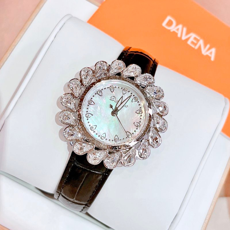 [Chính Hãng 100%] Đồng hồ nữ chính hãng Davena 31000 (D31000) mặt tròn đính đá dây da đen siz 36mm