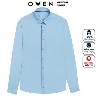 Áo sơ mi dài tay nam OWEN AS230532D công sở chất nylon cao cấp màu in xanh trắng slim fit tà lượn không túi