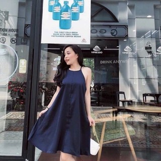Váy xòe cổ yếm vải lụa bầu bí bon chen có bigsize 40kg-120kg