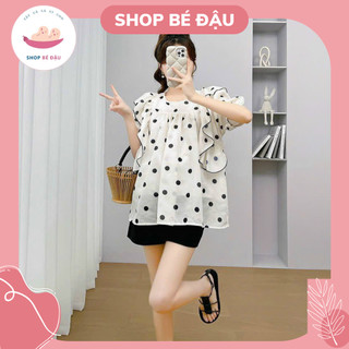 Áo bầu babydoll cộc tay chất voan 2 lớp tay bồng xinh xắn chấm bi A900