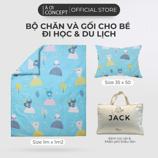 Bộ chăn gối cho bé đi học À Ơi Concept cao cấp, set mền mẫu giáo, tiểu học chất liệu Cotton và lụa Tencel