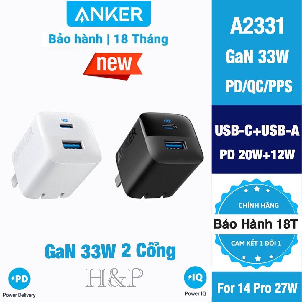 Củ sạc Anker 323 GaN II 33W PD 20W+12W Hỗ trợ cho Samsung IP 14.....