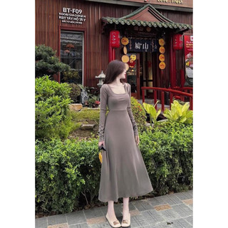 Đầm midi thun tăm cổ vuông khoét vai