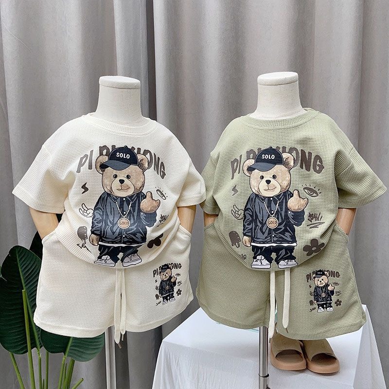 (Không túi) Bộ quần áo cộc tay GẤU NGẦU chất liệu tổ ong cho bé 8-20kg