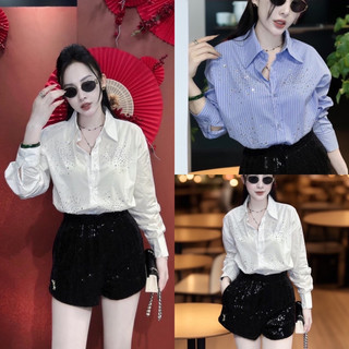 Áo sơ mi QCCC L1 tay dài đính đá hottrend, sơ mi đính đá dáng rộng