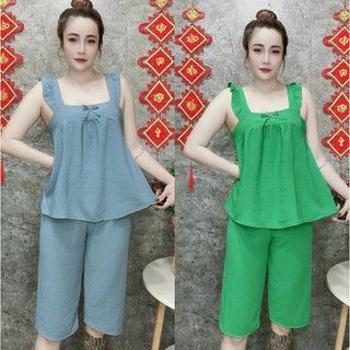 Bộ đồ mặc nhà vải đũi quần lửng tay cánh tiên dễ thương phom 40-62kg