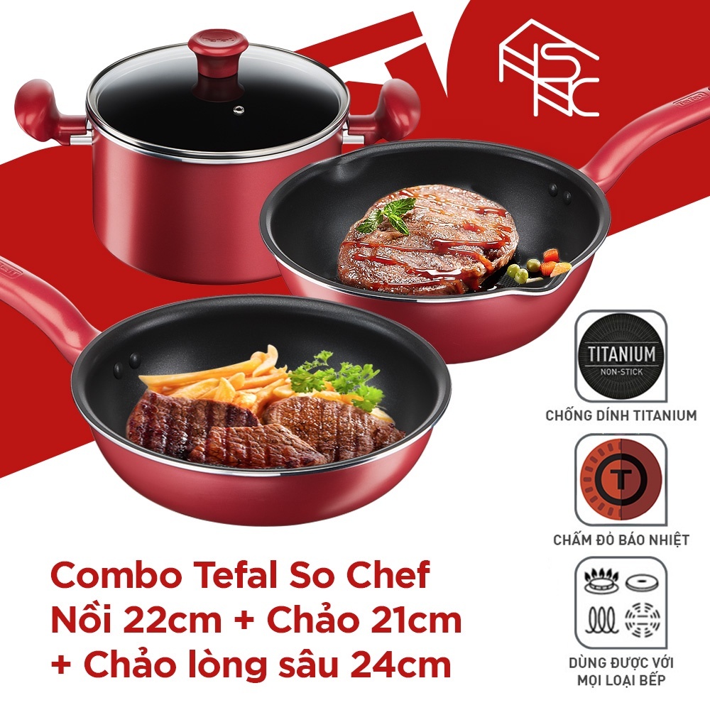 Combo So chef chảo chống dính thương hiệu Tefal - Nồi tefal 22cm - Chảo lòng sâu 24cm - Chảo lòng sâu 28cm