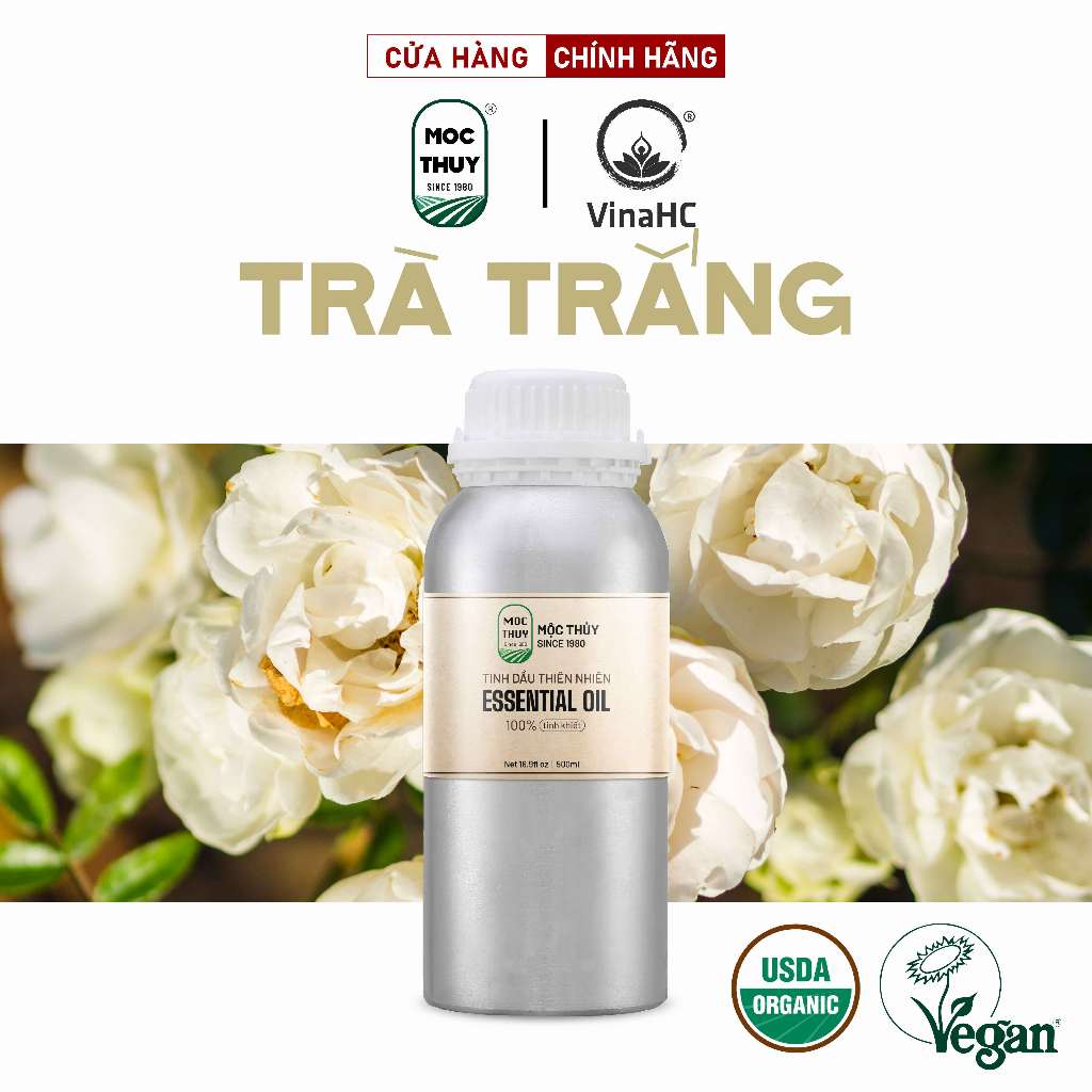 Tinh dầu Trà Trắng nguyên chất hữu cơ MỘC THỦY dung tích 500ml/1L khử mùi làm thơm phòng thư giãn- Đạt chuẩn chất lượng