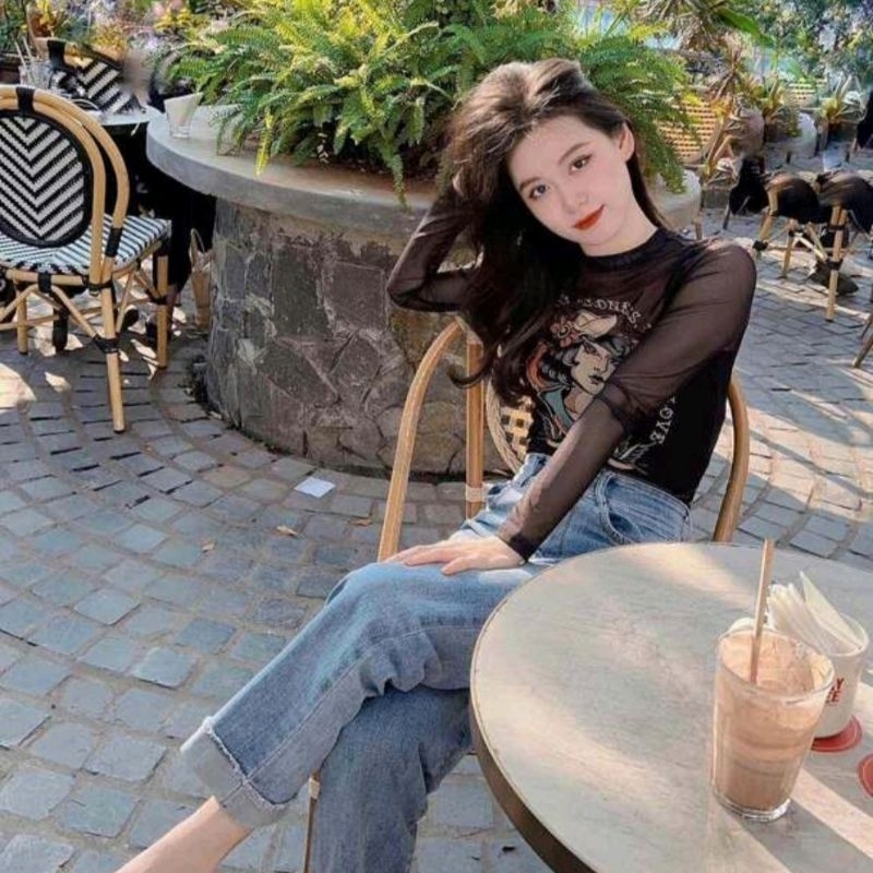 Áo lưới tay dài cổ tròn in hoạ tiết cô gái dành cho nữ - Tất Lưới cá tính lắm nè xị e