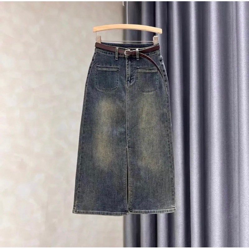 Chân váy jean nữ xẻ tà màu xanh kiểu dáng hàn quốc hot trend 2023 ( túi cơi)
