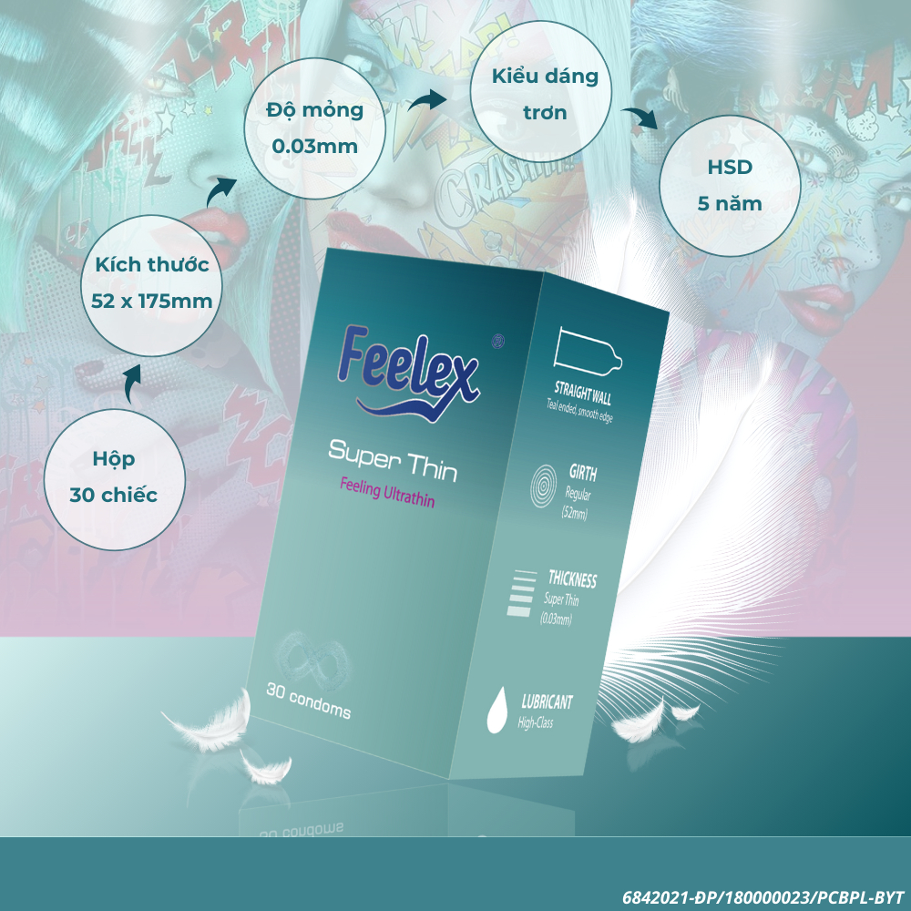 Bao cao su Feelex superthin siêu mỏng, nhiều gel bôi trơn, hương dâu - hộp 30 bcs