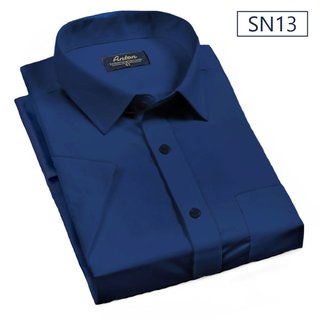 Áo Sơ Mi Nam Công Sở Trung Niên Anton Somianton Ngắn Tay Màu Xanh ThanVải Cotton Trơn Có Túi  - SN13