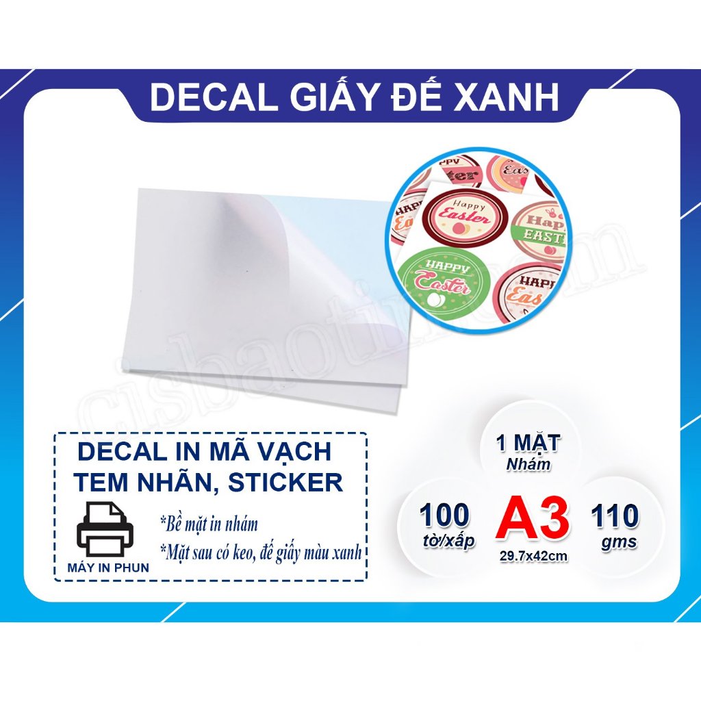 DECAL GIẤY ĐẾ XANH A3  (Xấp 100 tờ)