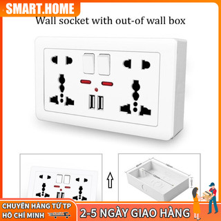 Ổ cắm điện gắn tường 2.1a 5v 110v 220v, ổ cắm điện đa năng tích hợp 2 cổng usb+5 lỗ