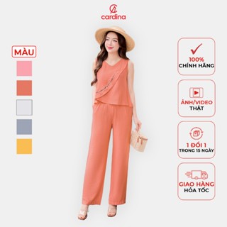 Bộ đũi nữ CARDINA chất liệu đũi cao cấp áo sát nách cổ tim bầu phom dáng thoải mái năng động 4BDD01