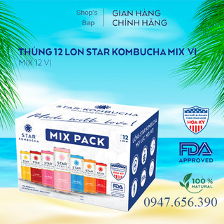 (Mẫu mới)Thùng 12 lon trà STAR KOMBUCHA - Trà lên men vi sinh chứa probiotics giúp bảo vệ sức khoẻ