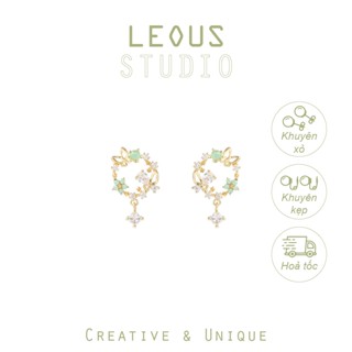 Khuyên tai kẹp không bấm lỗ chốt xoắn K535 bằng hợp kim mạ vàng hình tròn hoa cánh bướm đính đá dáng midi Leous