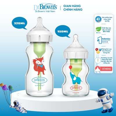 Bình sữa thuỷ tinh Dr Brown's "Option Plus" cổ rộng 150ml và 270ml.