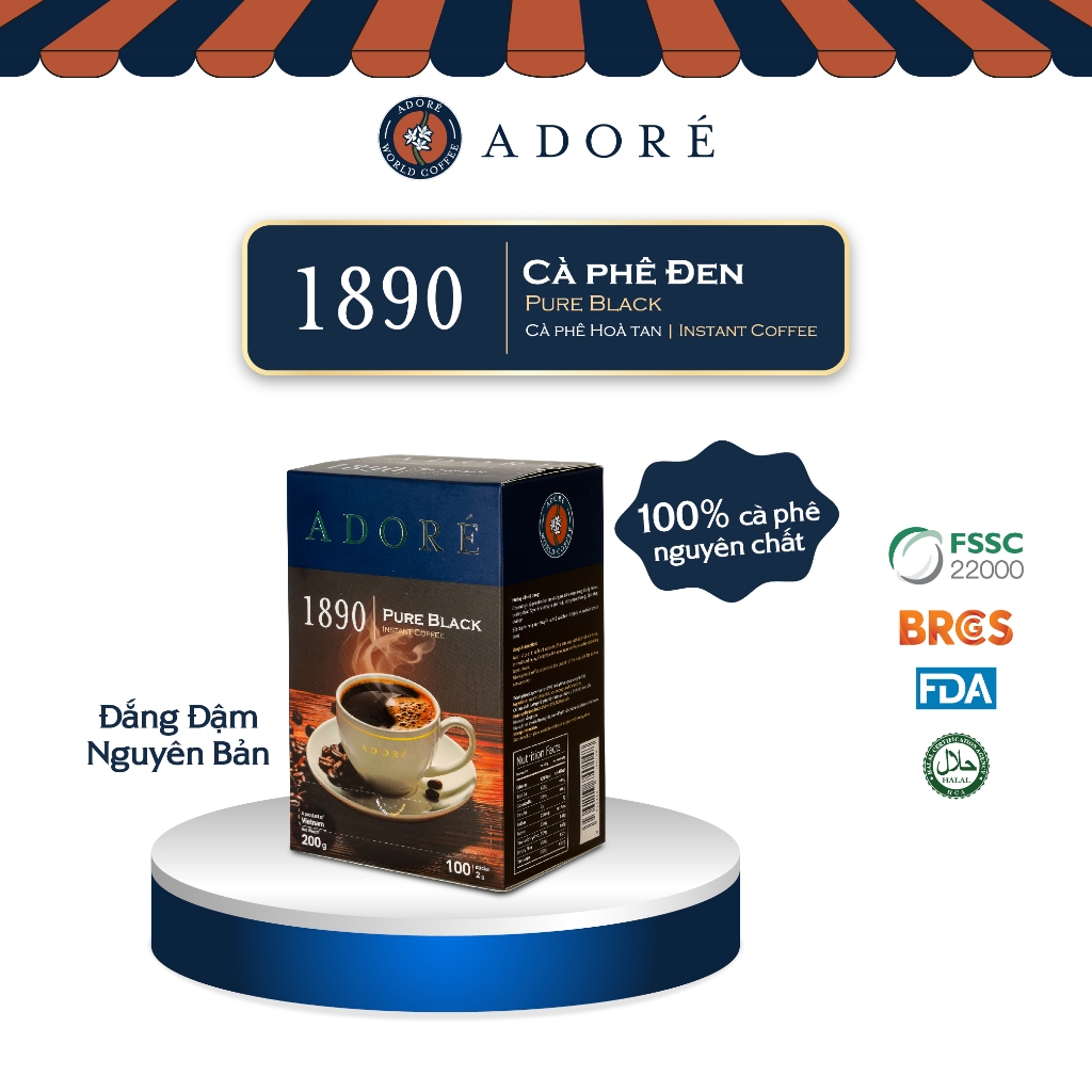 Cafe Nguyên Chất ADORÉ 1890 Pure Black Cà Phê Đen Không Đường Đậm Vị Giúp Tỉnh Táo Giảm Cân Hộp 200g