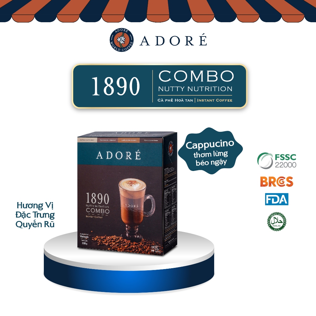 Cà Phê Cappuccino ADORÉ 1890 Nutty Nutrition Cafe Hòa Tan 4 Vị Thơm Ngon Cao Cấp Hộp 320gr (20gr x 1