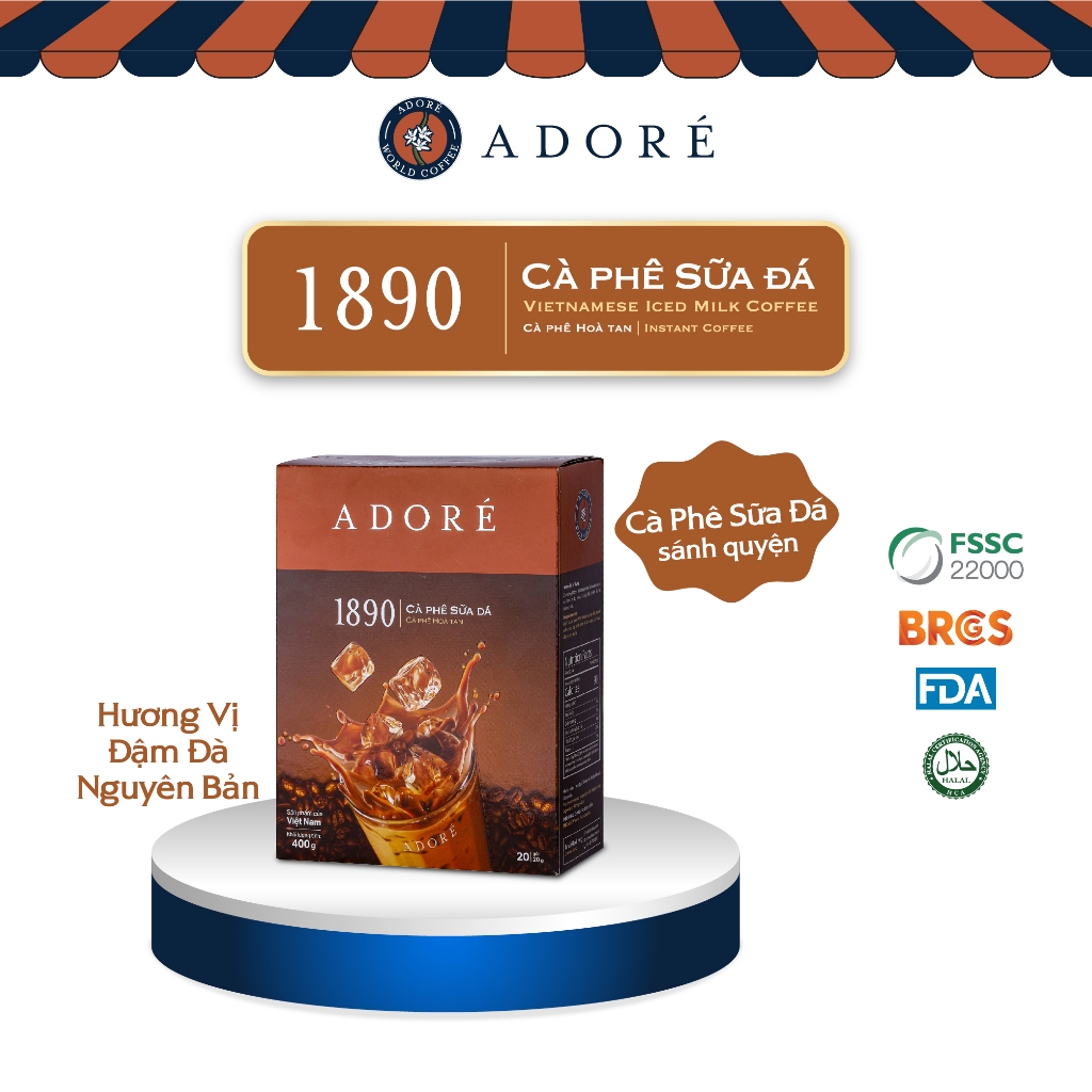 Cà Phê Sữa Đá Việt Nam ADORÉ 1890 Cafe Hòa Tan Vị Truyền Thống Đậm Đà Qùa Tặng Tết Gia Đình Hộp 400g