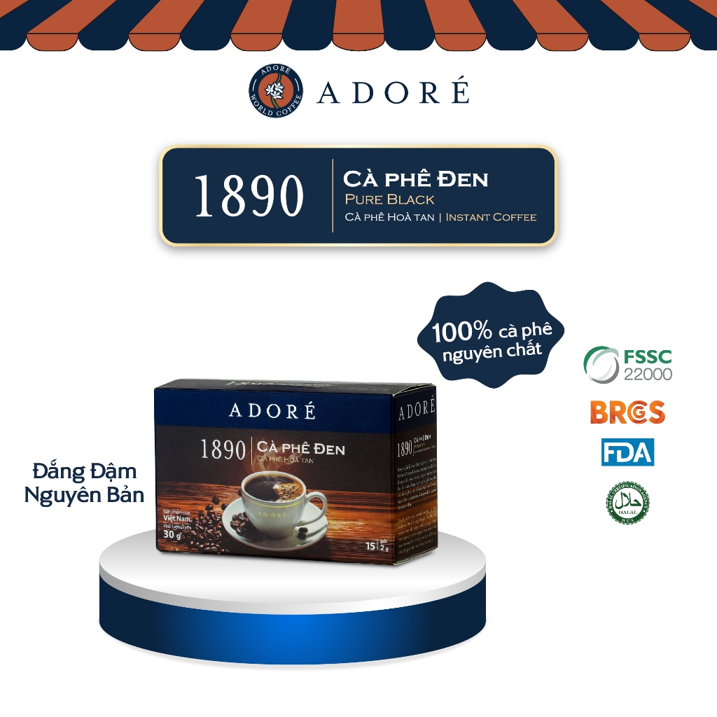 Cà Phê Nguyên Chất ADORÉ 1890 Pure Black Cafe Đen Không Đường Đậm Vị Giúp Tỉnh Táo Giảm Cân Hộp 30gr