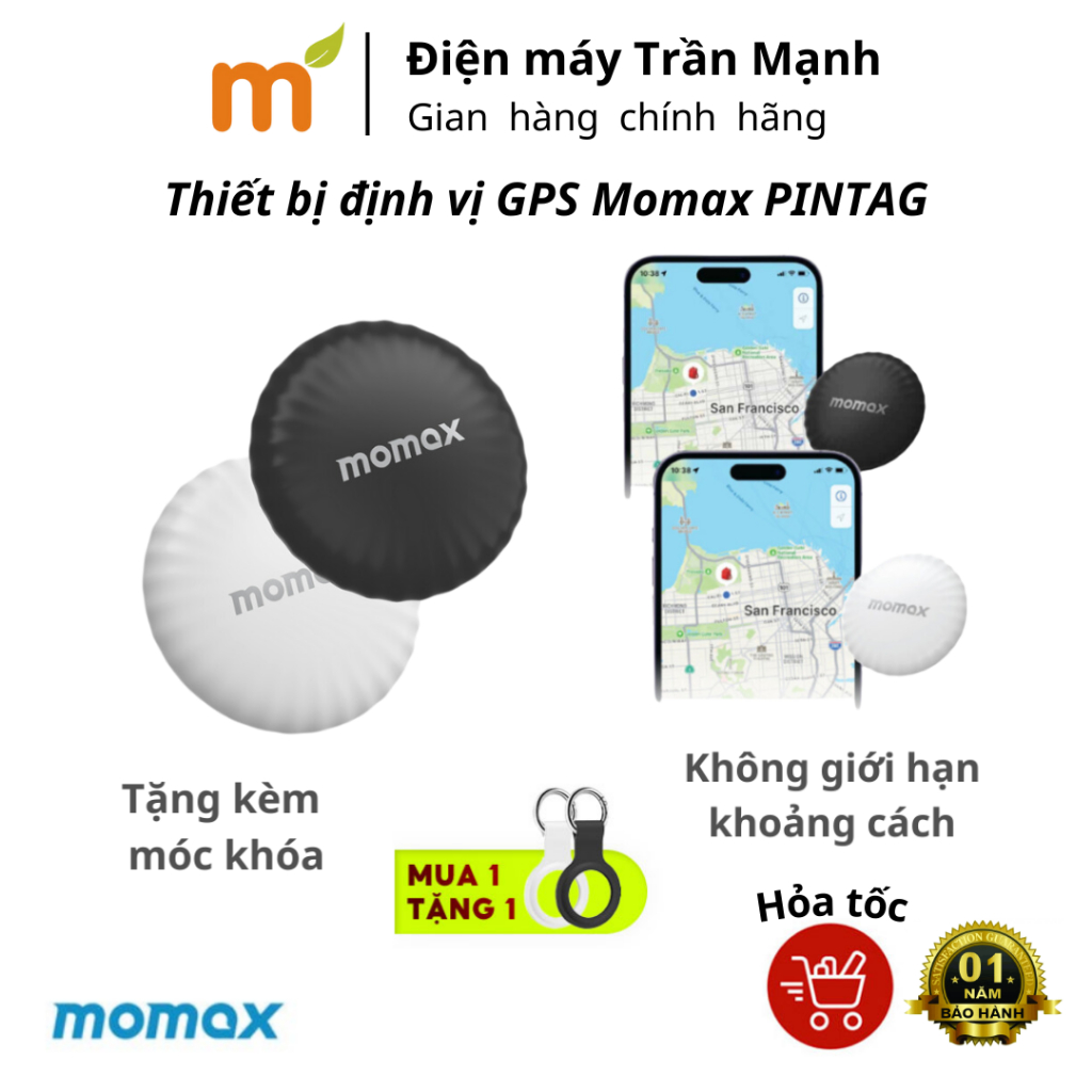 Thiết bị định vị GPS Momax PINTAG giúp theo dõi ô tô, xe máy, trẻ em, thú cưng chống thất lạc, hỗ trợ App Find My