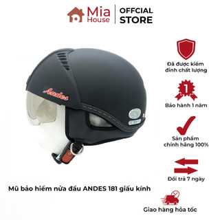 Mũ bảo hiểm nửa đầu Andes 181 có kính âm giấu bên trong, kính ẩn, trong, đệm lót tháo giặt vệ sinh - chính hãng