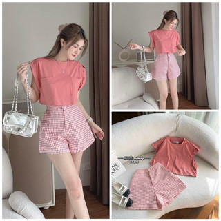 Set đồ nữ áo crop thun + quần short caro