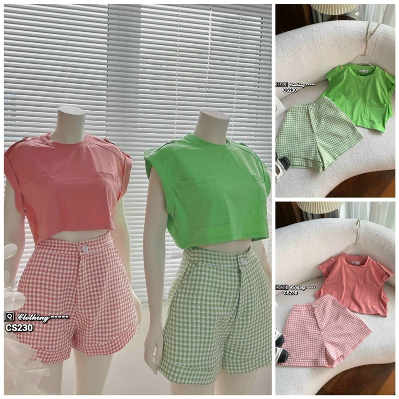 Set đồ nữ áo crop thun + quần short caro