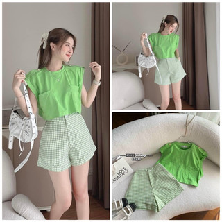 Set đồ nữ áo crop thun + quần short caro