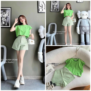 Set đồ nữ áo crop thun + quần short caro