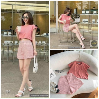 Set đồ nữ áo crop thun + quần short caro