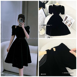 ĐẦM MIDI NHUNG KHOÉT VAI TAY PHỒNG
