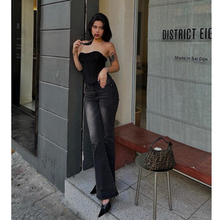 Jeans loe cạp thấp xám